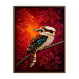 Bright kookaburra bird wall art with red foliage for modern living room decor.