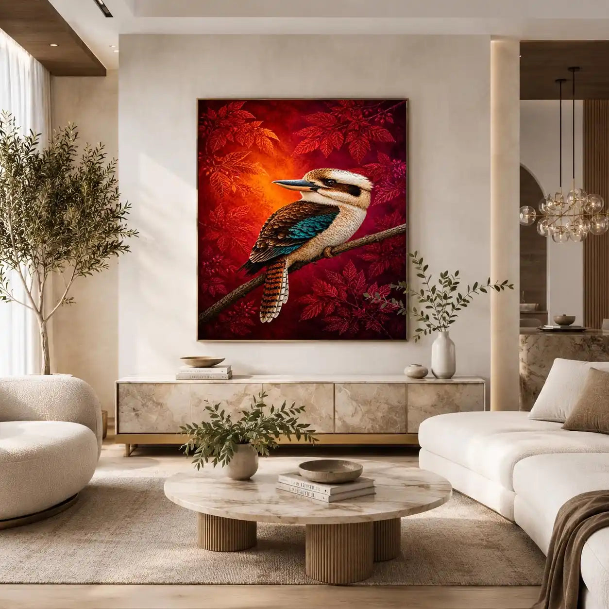 Bright kookaburra bird wall art with red foliage for modern living room decor.