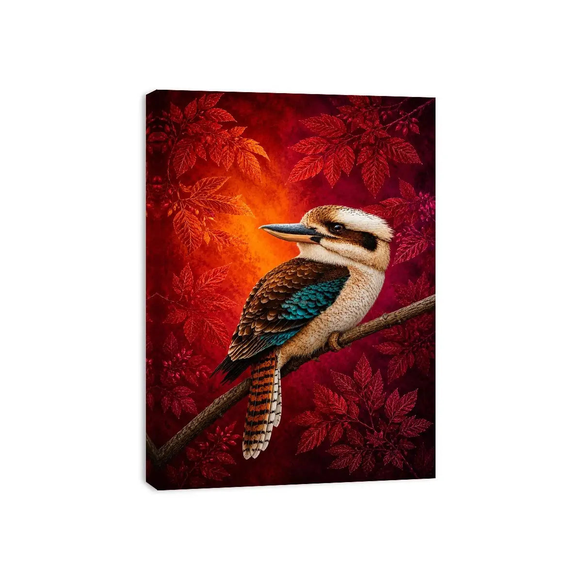 Bright kookaburra bird wall art with red foliage for modern living room decor.