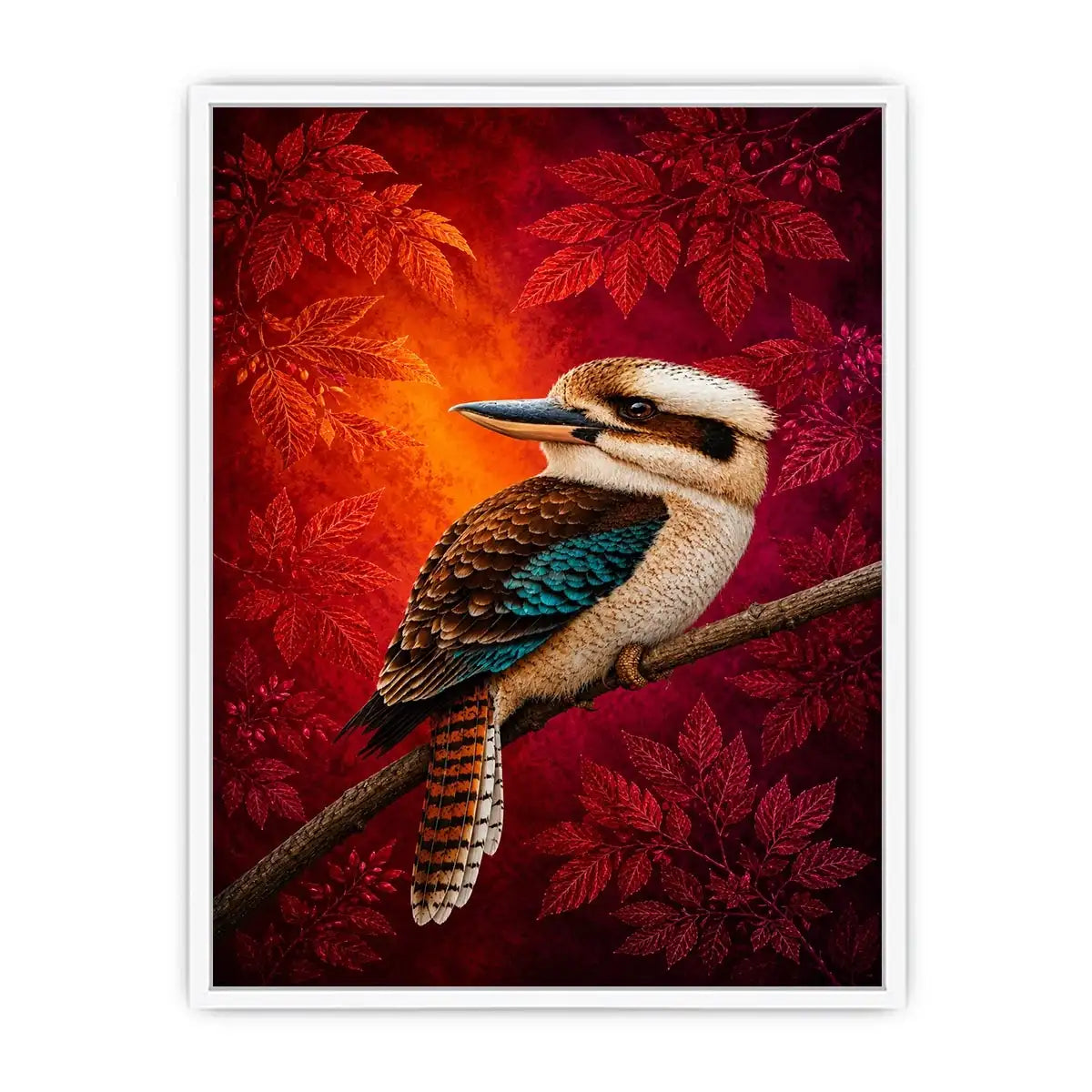 Bright kookaburra bird wall art with red foliage for modern living room decor.