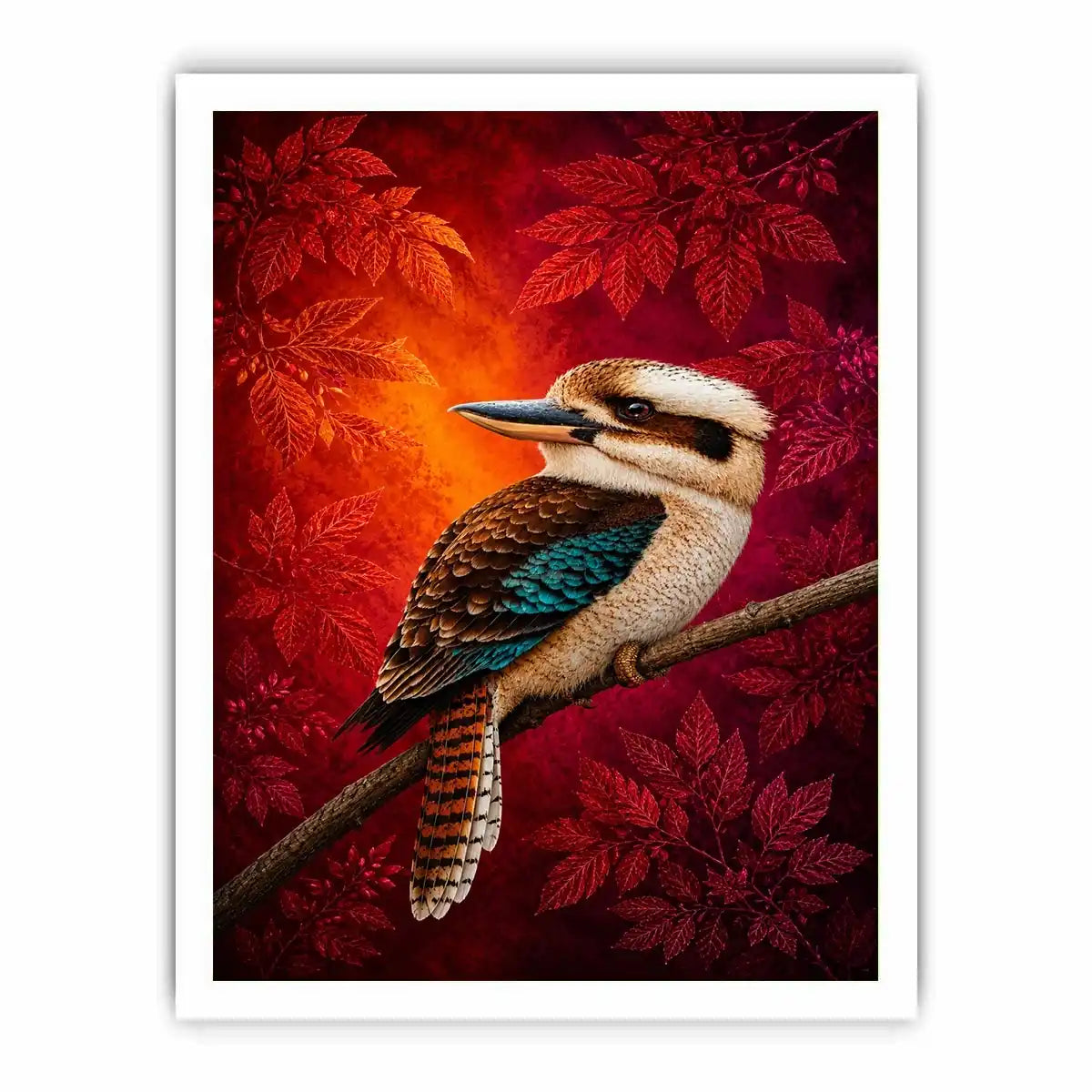 Bright kookaburra bird wall art with red foliage for modern living room decor.