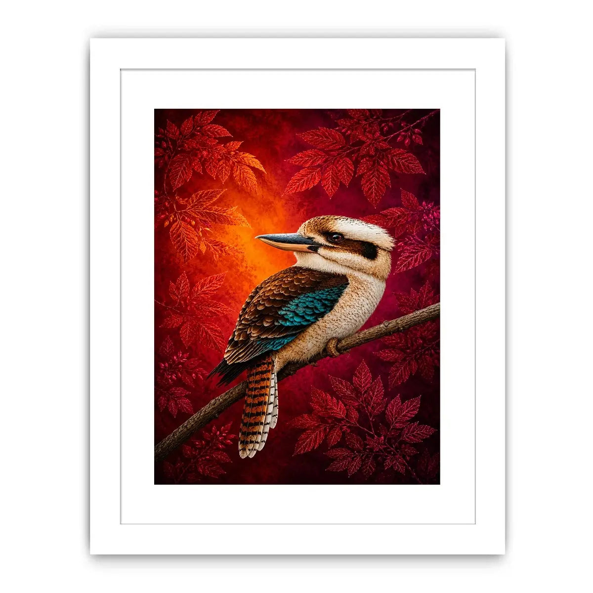 Bright kookaburra bird wall art with red foliage for modern living room decor.