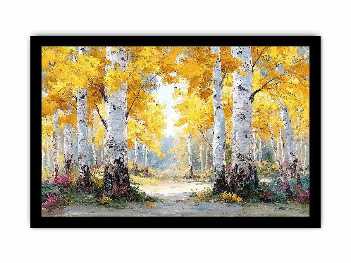 Golden birch forest landscape canvas art for modern living room decor.