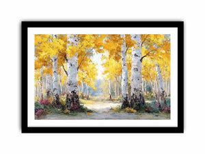 Golden birch forest landscape canvas art for modern living room decor.
