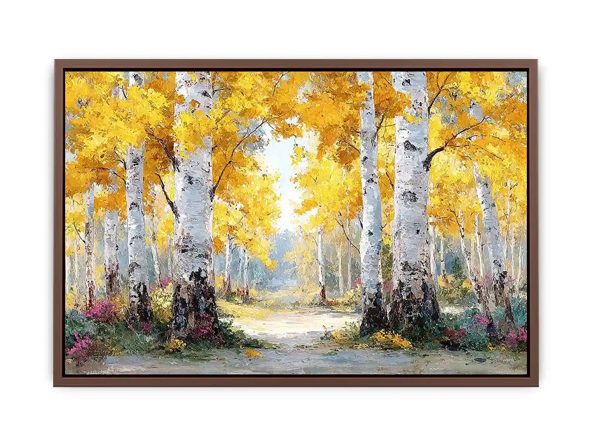Golden birch forest landscape canvas art for modern living room decor.