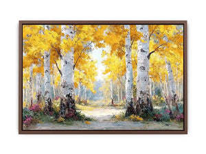 Golden birch forest landscape canvas art for modern living room decor.