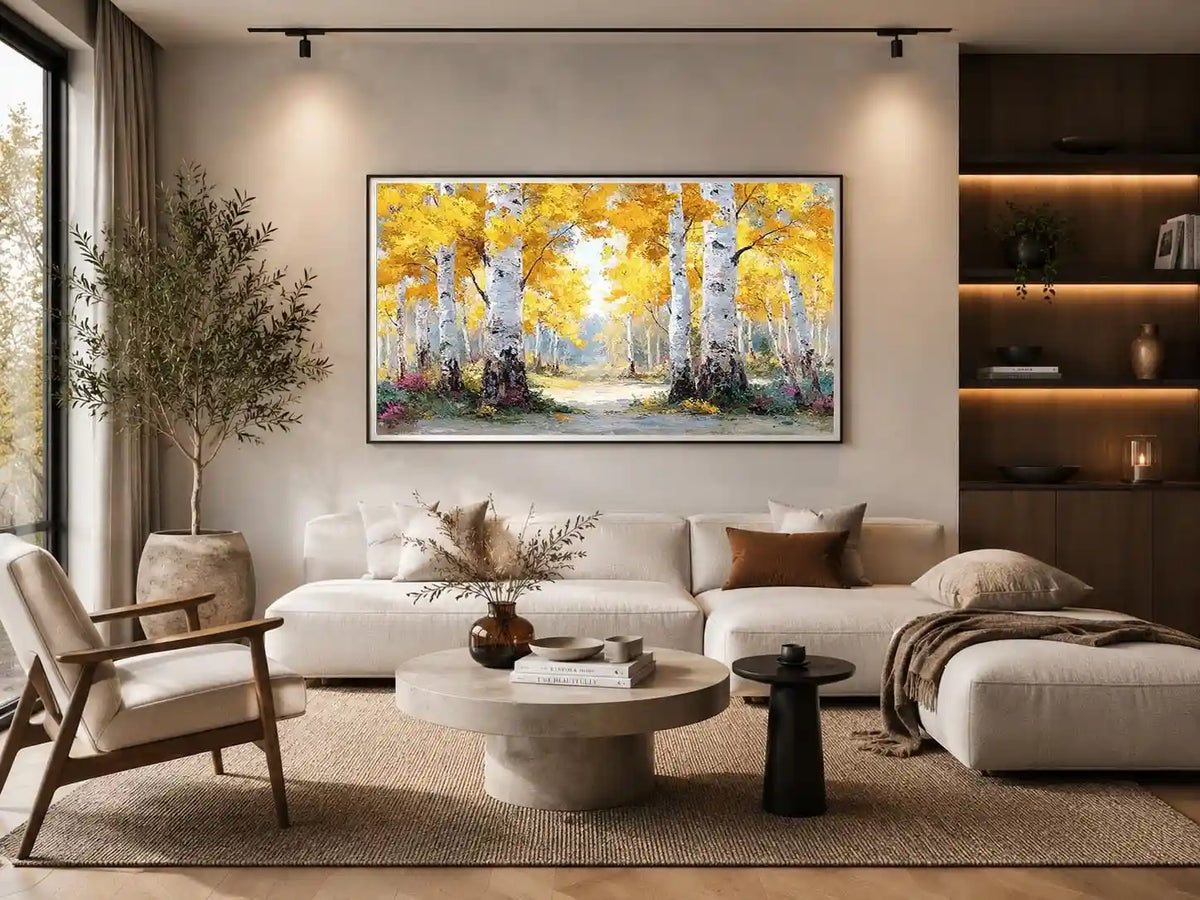 Golden birch forest landscape canvas art for modern living room decor.