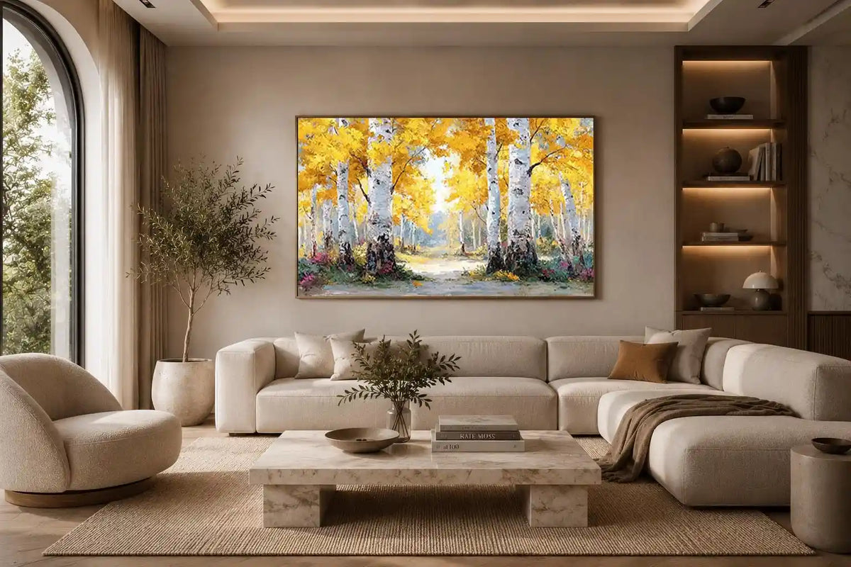 Golden birch forest landscape canvas art for modern living room decor.