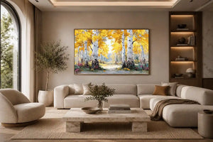 Golden birch forest landscape canvas art for modern living room decor.
