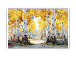 Golden birch forest landscape canvas art for modern living room decor.