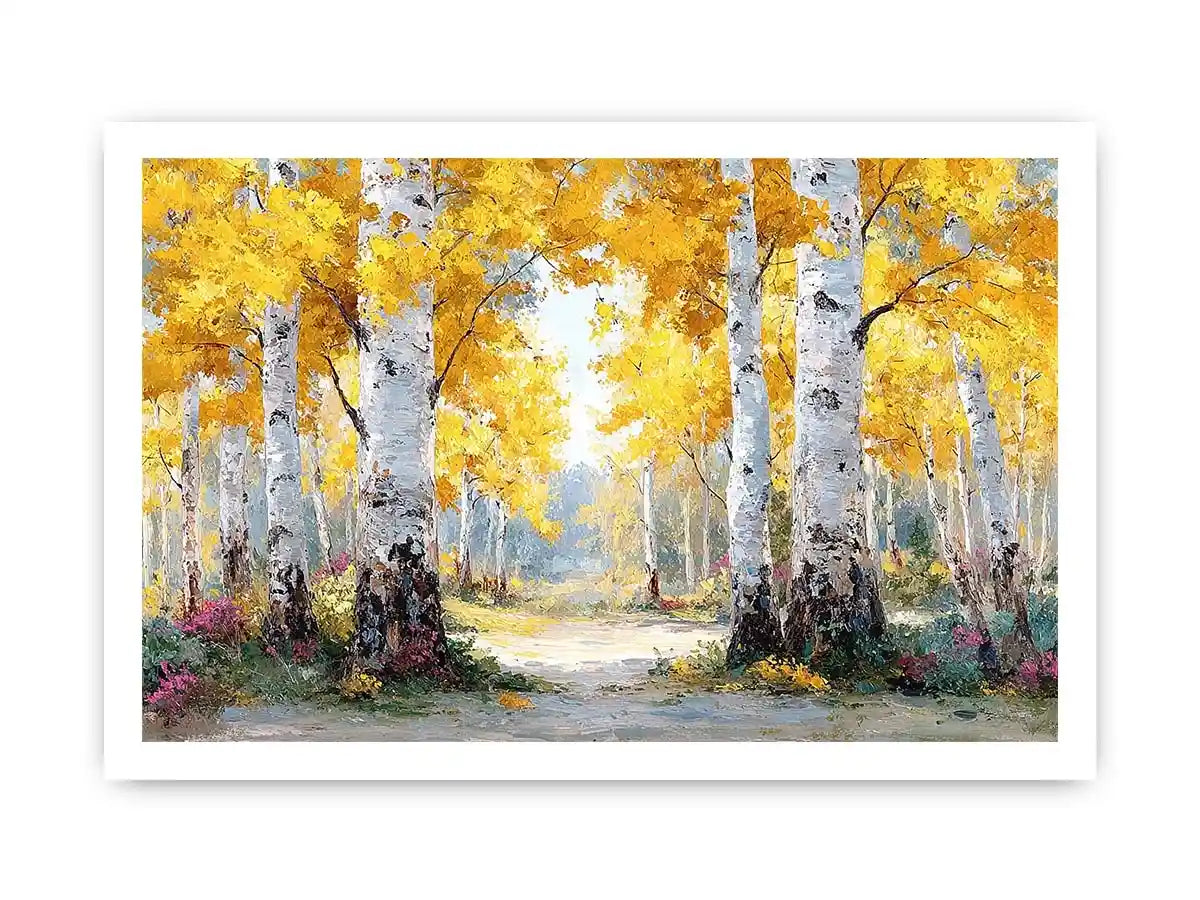 Golden birch forest landscape canvas art for modern living room decor.