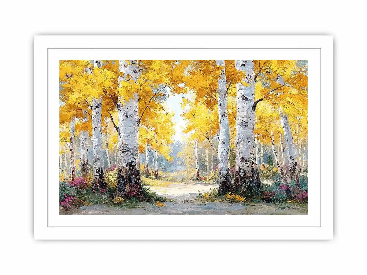 Golden birch forest landscape canvas art for modern living room decor.