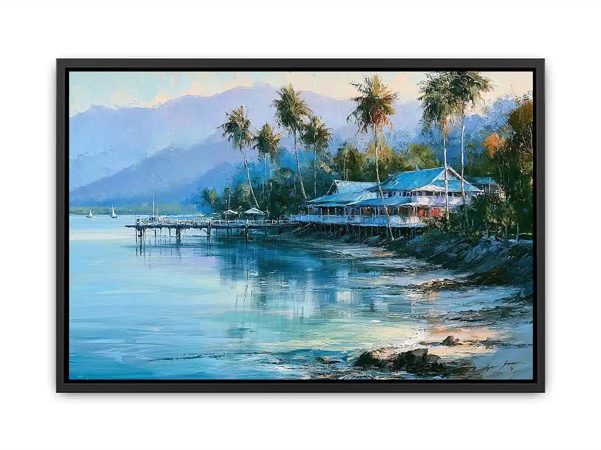 Tropical coastal landscape canvas art with palm trees for beach house or living room decor.
