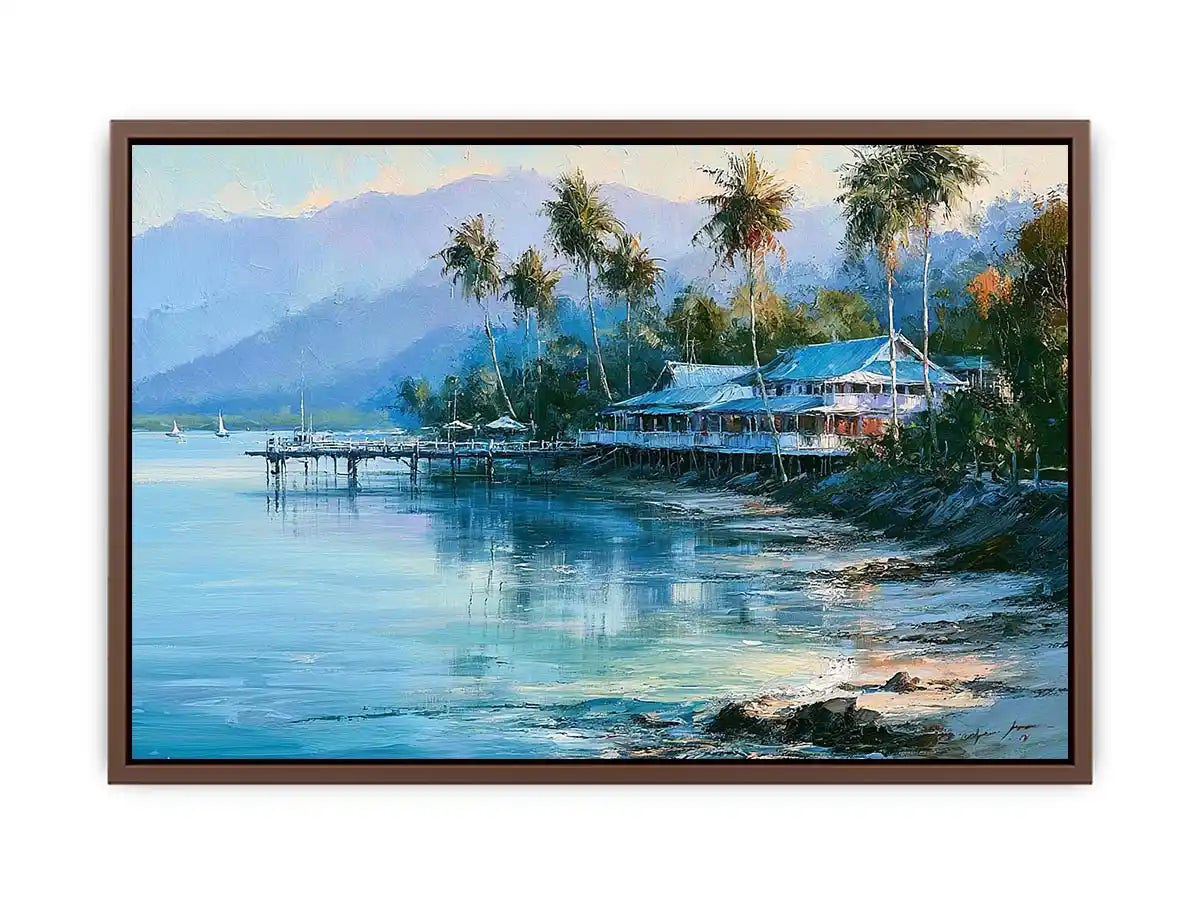 Tropical coastal landscape canvas art with palm trees for beach house or living room decor.