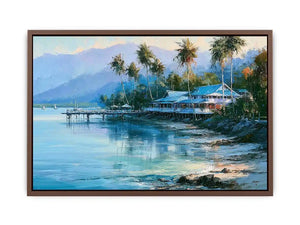 Tropical coastal landscape canvas art with palm trees for beach house or living room decor.