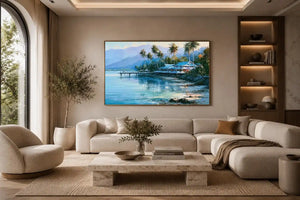 Tropical coastal landscape canvas art with palm trees for beach house or living room decor.