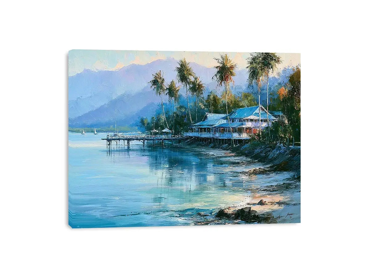 Tropical coastal landscape canvas art with palm trees for beach house or living room decor.