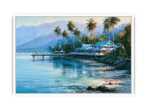 Tropical coastal landscape canvas art with palm trees for beach house or living room decor.