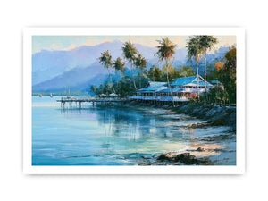Tropical coastal landscape canvas art with palm trees for beach house or living room decor.