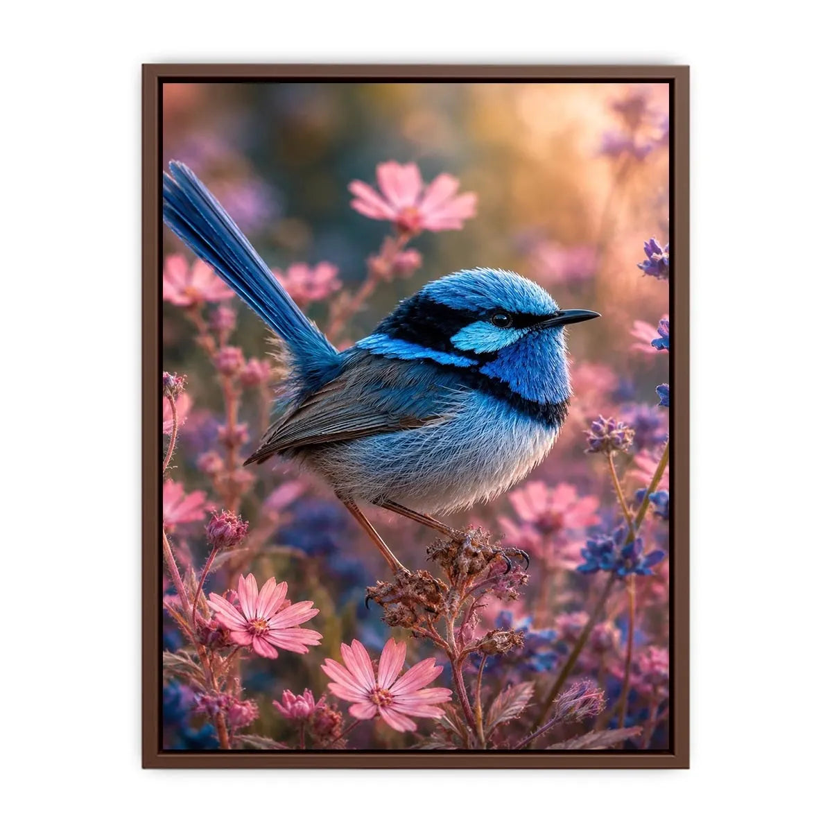 Blue wren bird canvas art with pink flowers for soft bedroom decor.