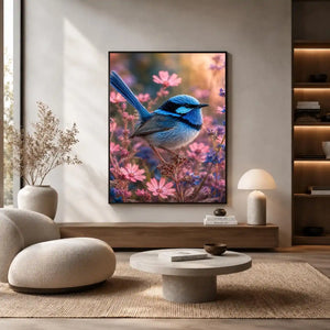 Blue wren bird canvas art with pink flowers for soft bedroom decor.