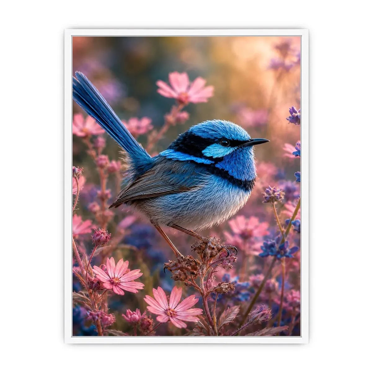 Blue wren bird canvas art with pink flowers for soft bedroom decor.