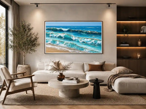 Horizontal ocean wave canvas art for coastal living room decor.