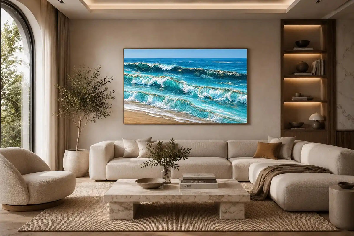 Horizontal ocean wave canvas art for coastal living room decor.