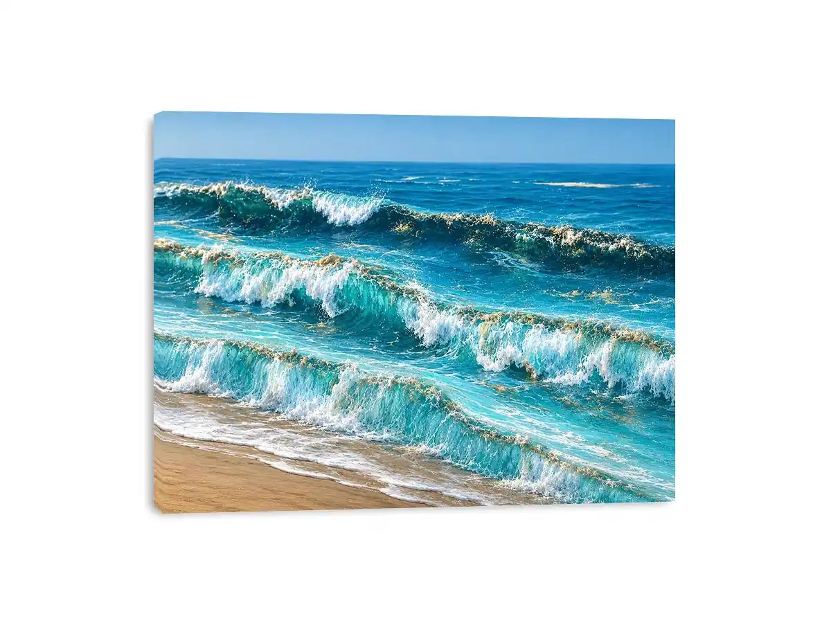 Horizontal ocean wave canvas art for coastal living room decor.