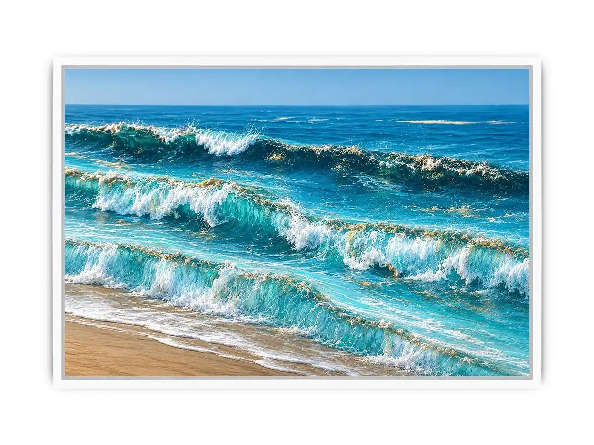 Horizontal ocean wave canvas art for coastal living room decor.