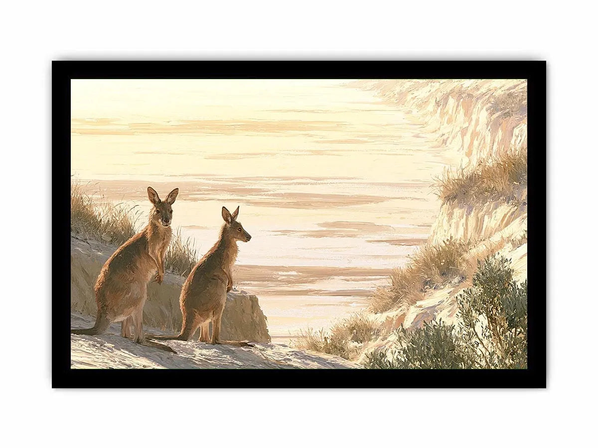 Coastal kangaroo wildlife canvas art for beach house or modern living room decor.
