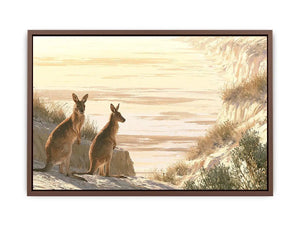 Coastal kangaroo wildlife canvas art for beach house or modern living room decor.