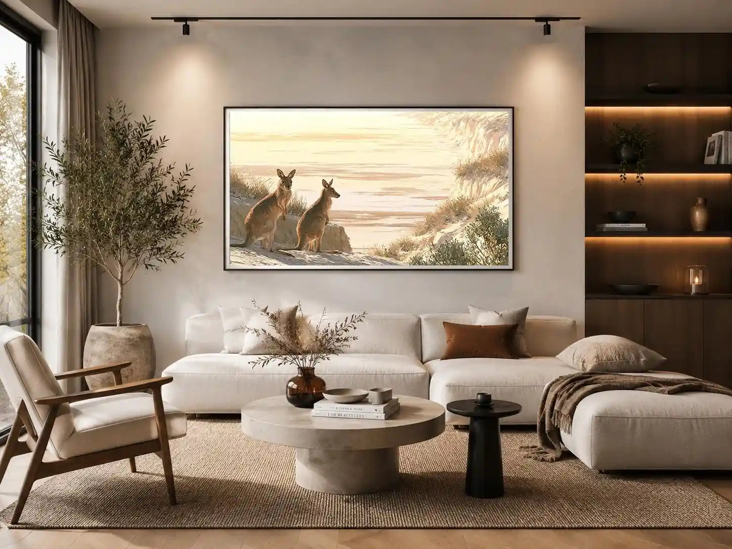 Coastal kangaroo wildlife canvas art for beach house or modern living room decor.