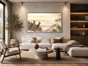 Coastal kangaroo wildlife canvas art for beach house or modern living room decor.