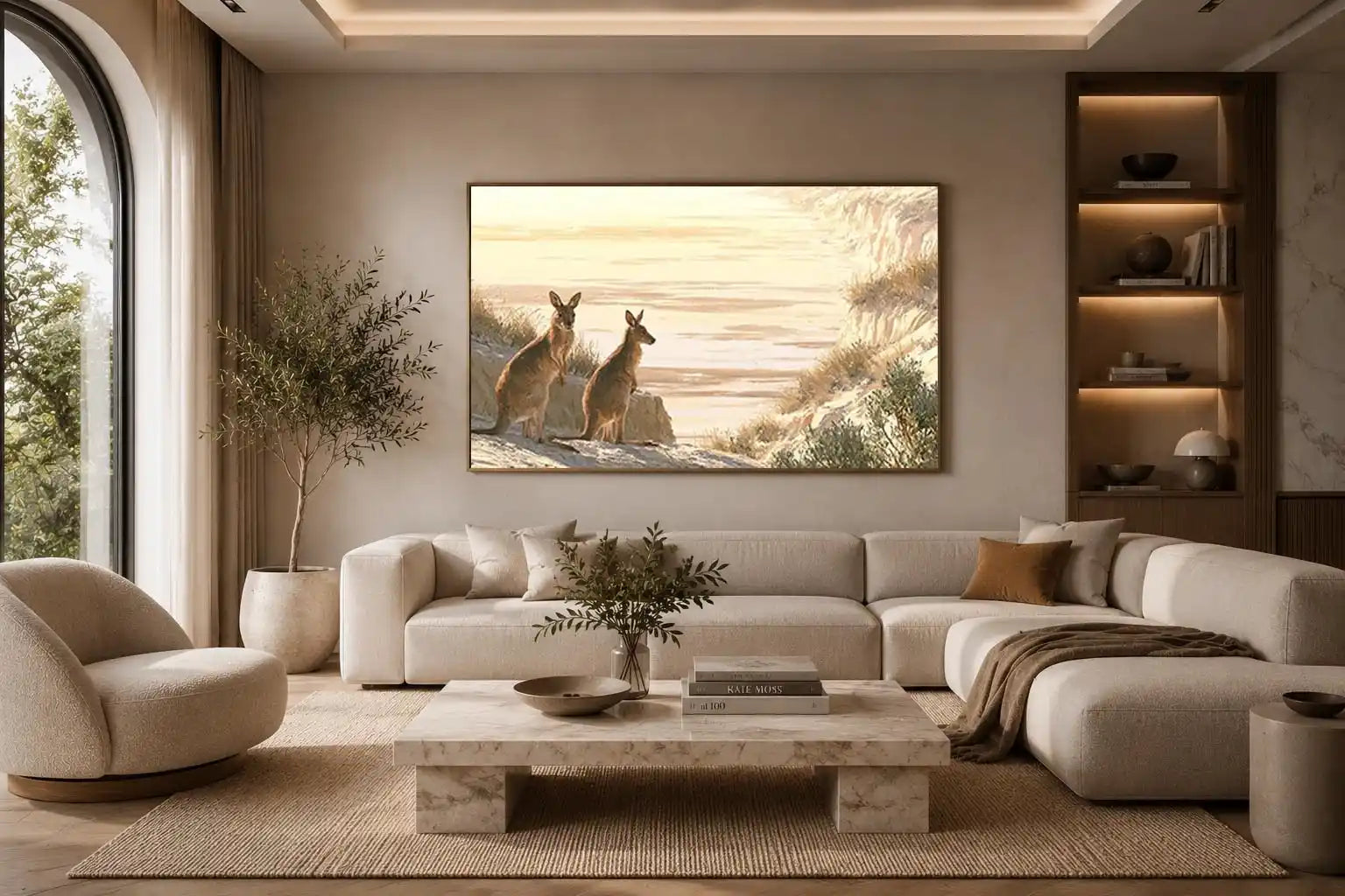 Coastal kangaroo wildlife canvas art for beach house or modern living room decor.