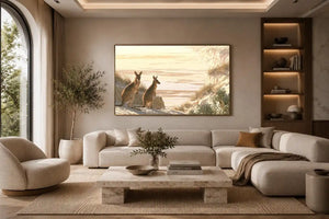 Coastal kangaroo wildlife canvas art for beach house or modern living room decor.