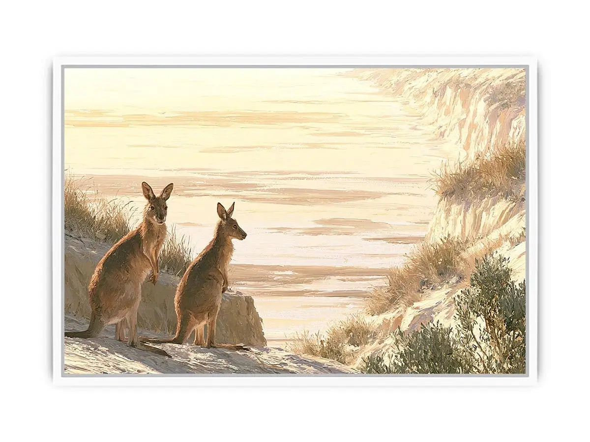 Coastal kangaroo wildlife canvas art for beach house or modern living room decor.