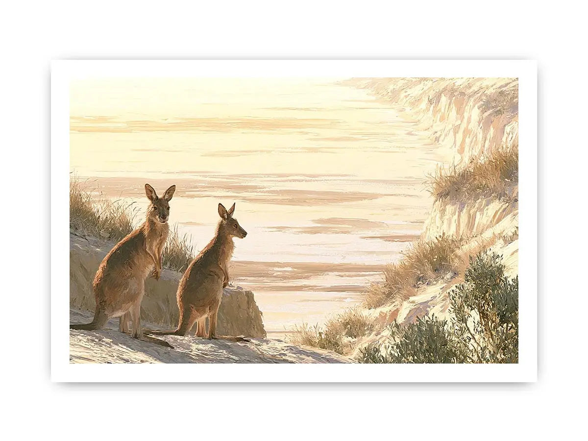 Coastal kangaroo wildlife canvas art for beach house or modern living room decor.