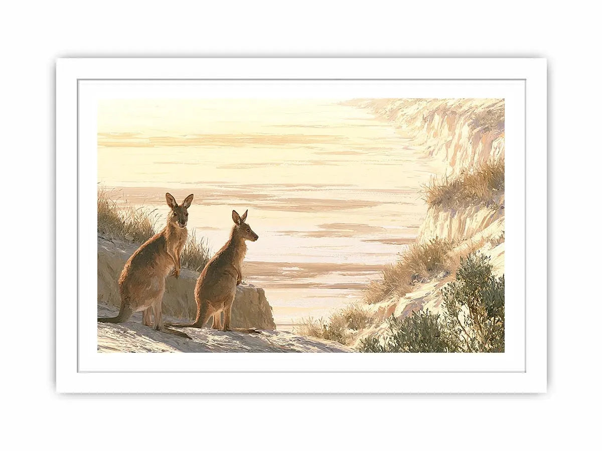 Coastal kangaroo wildlife canvas art for beach house or modern living room decor.
