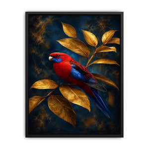 Red and blue bird canvas art with golden leaves for elegant room decor.
