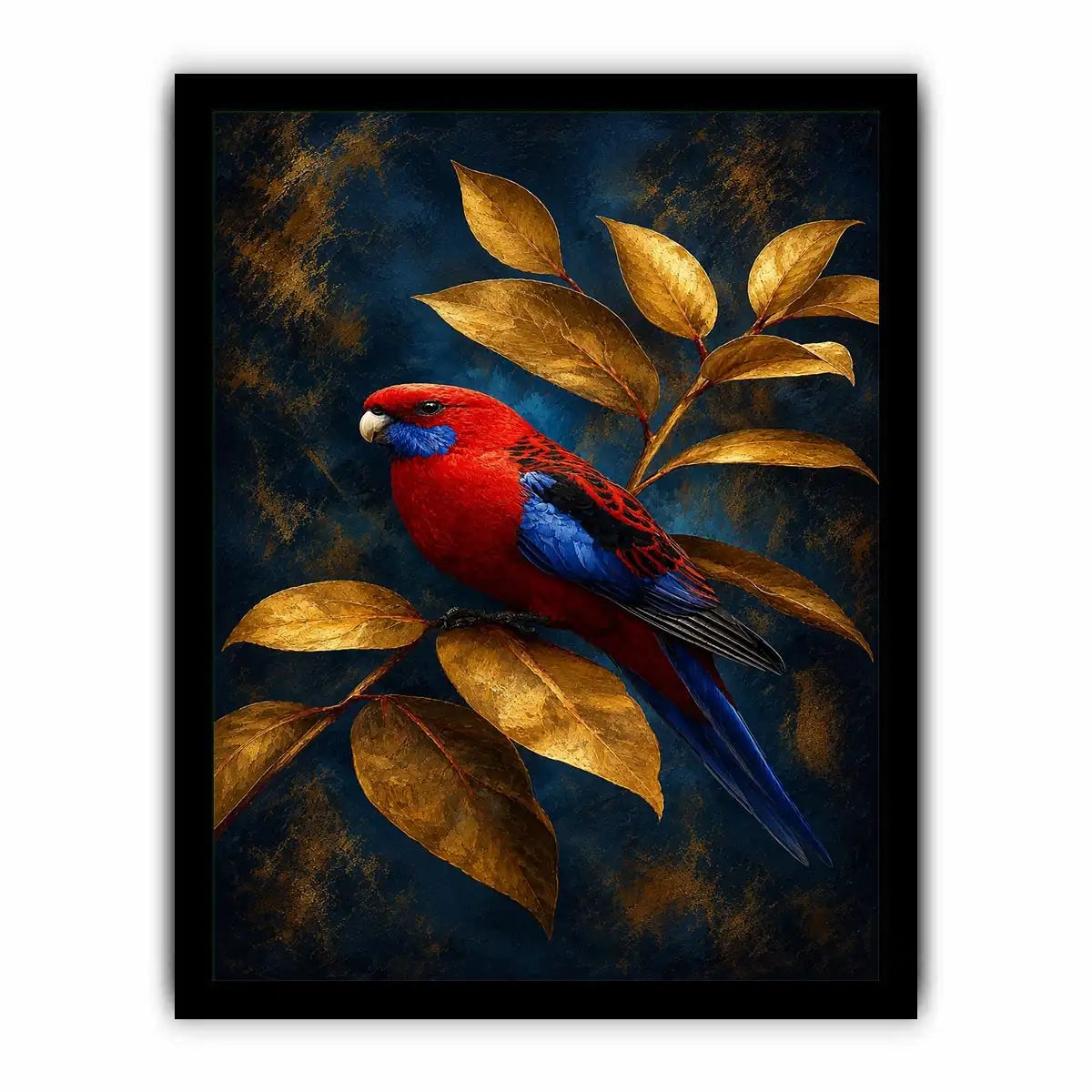 Red and blue bird canvas art with golden leaves for elegant room decor.