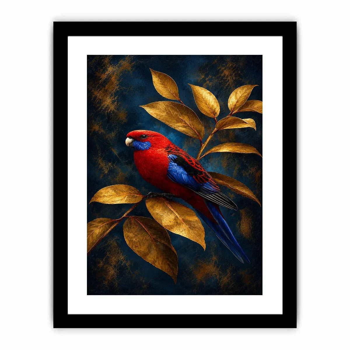 Red and blue bird canvas art with golden leaves for elegant room decor.