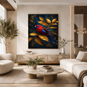 Red and blue bird canvas art with golden leaves for elegant room decor.