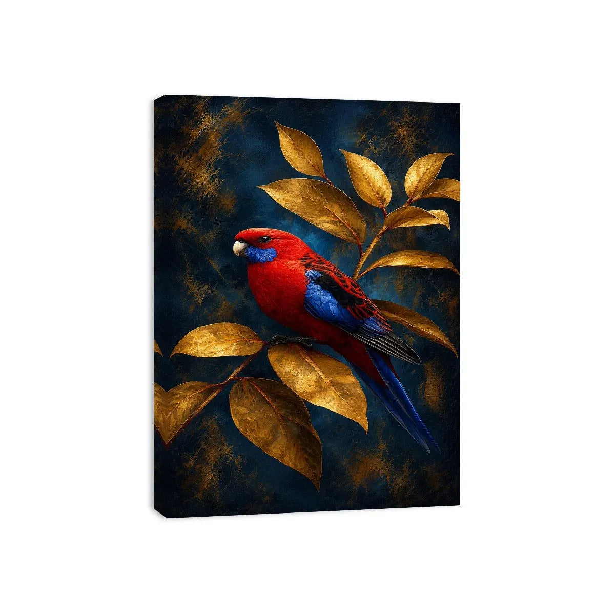 Red and blue bird canvas art with golden leaves for elegant room decor.
