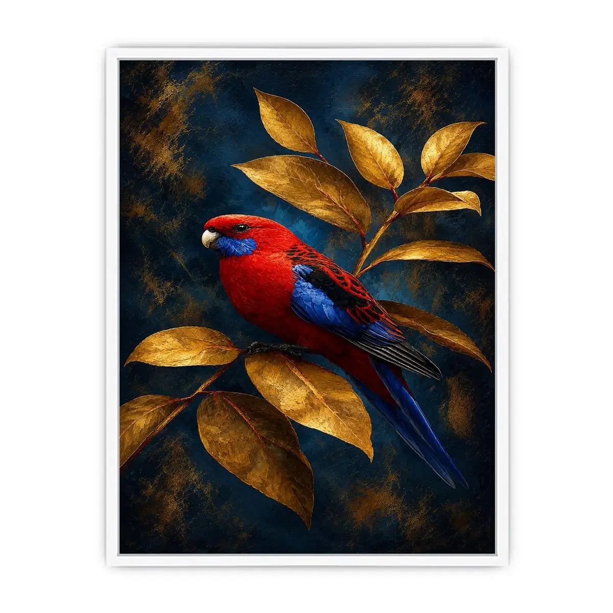 Red and blue bird canvas art with golden leaves for elegant room decor.