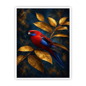 Red and blue bird canvas art with golden leaves for elegant room decor.