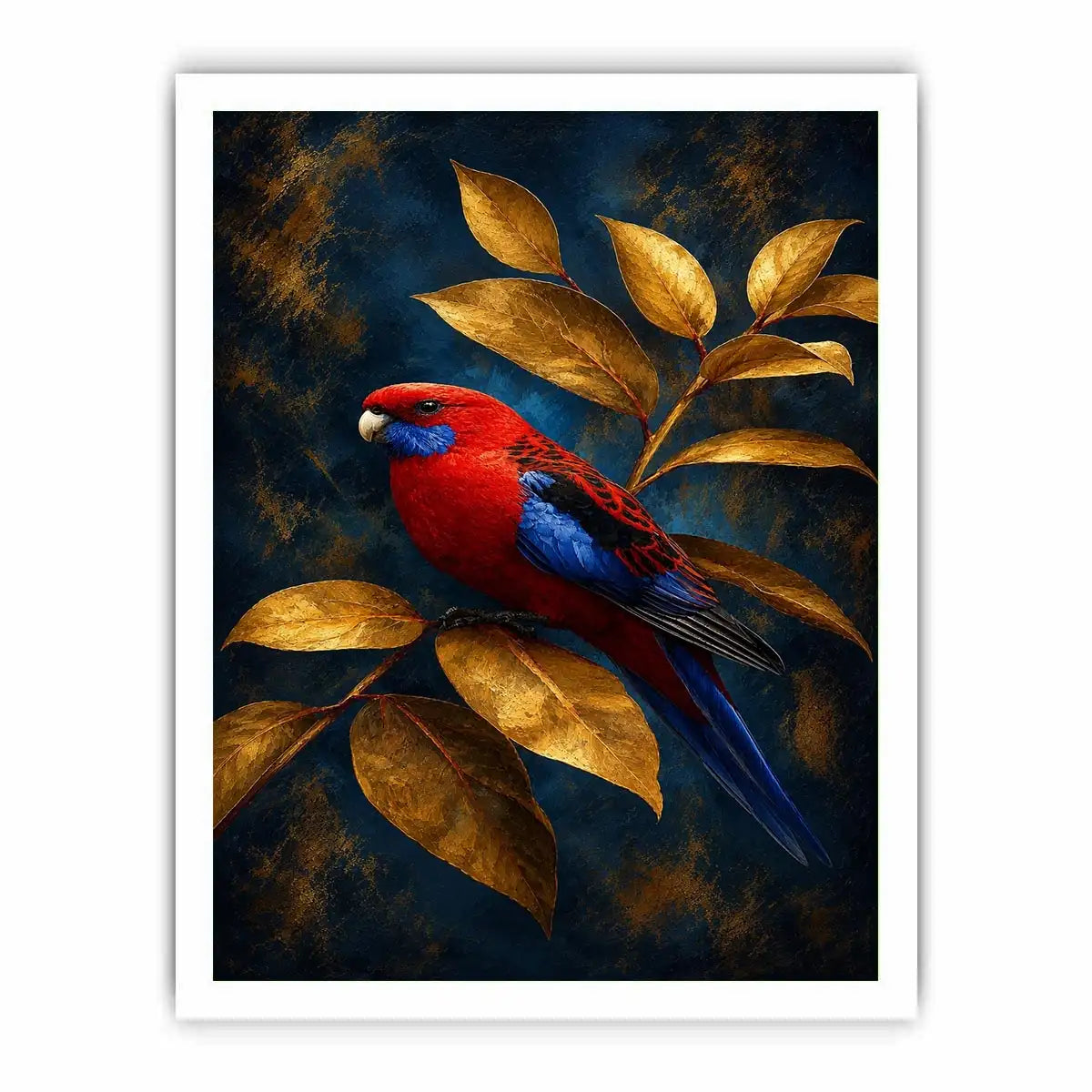 Red and blue bird canvas art with golden leaves for elegant room decor.