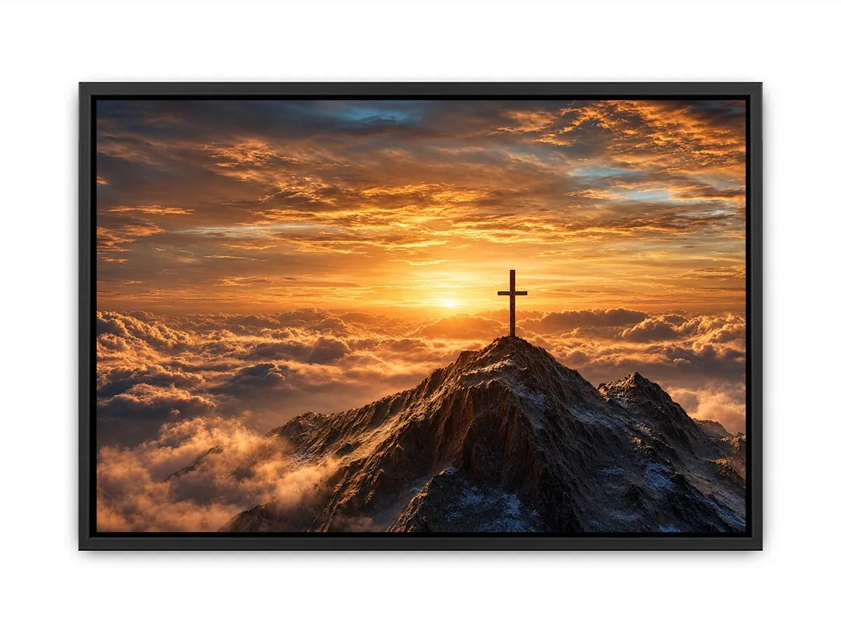 mountain cross canvas art with golden sunrise for peaceful decor.