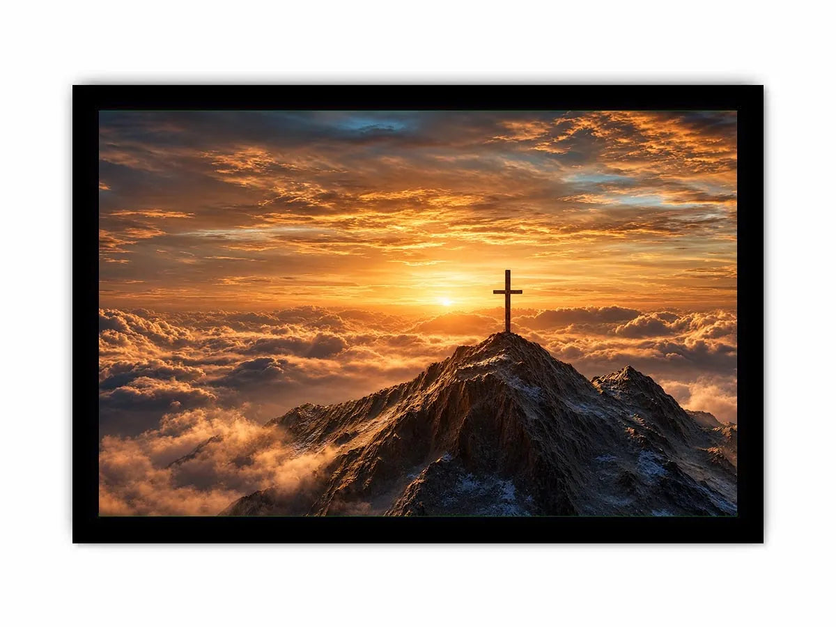 mountain cross canvas art with golden sunrise for peaceful decor.