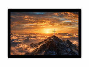 mountain cross canvas art with golden sunrise for peaceful decor.